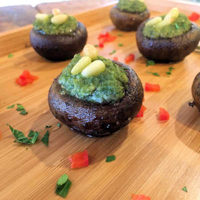 Pesto Parmesan Stuffed Crimini Mushrooms