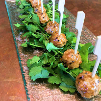 Sesame Five Spice Chicken Poppers with Thai Peanut Sauce