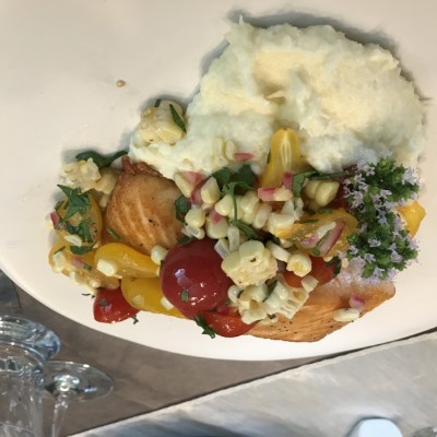 Pan Seared Salmon, Summber Corn Tomato Basil Relish