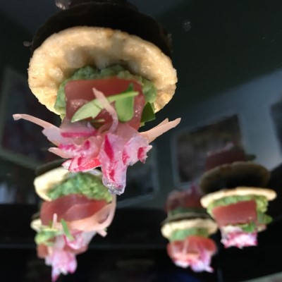 Sesame Crisp, Ahi, Edamame, Wasabi, Hummus, Pickled Ginger, Radish