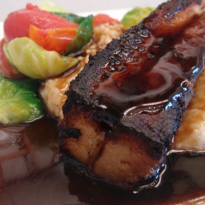 Smoked Pork Belly, Coca Cola Glaze, White Cheddar Grits