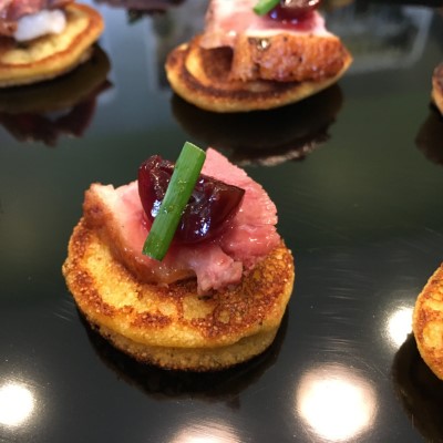 Sous Vide Duck Breast, Pickled Cherries, Pancake